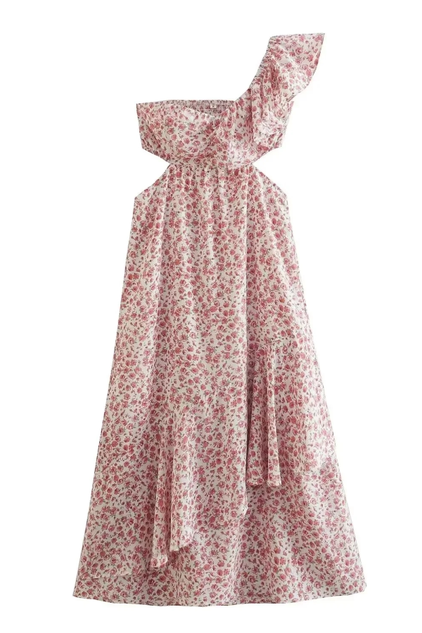 One-Shoulder Floral Cutout Dress